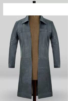 Men's charcoal grey lambskin leather coat- silver rivets studs button detailing 1