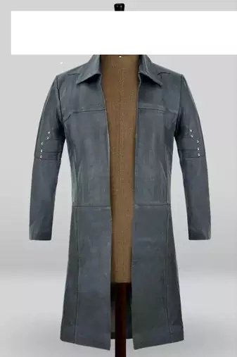 Men's charcoal grey lambskin leather coat- silver rivets studs button detailing