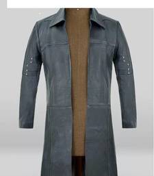 Men's charcoal grey lambskin leather coat- silver rivets studs button detailing