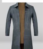Men's charcoal grey lambskin leather coat- silver rivets studs button detailing