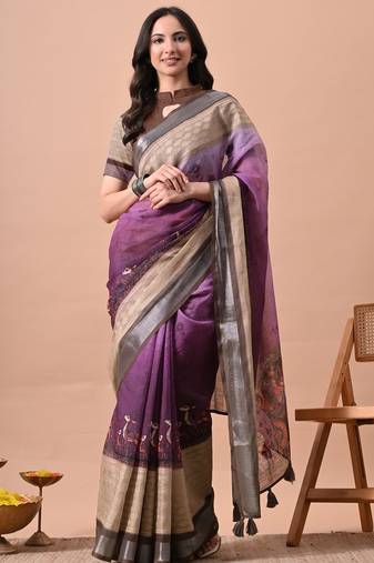 Purple floral printed cotton blend saree with unstitched blouse piece