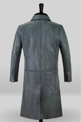 Men's charcoal grey lambskin leather coat- silver rivets studs button detailing 2