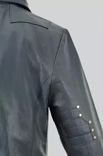 Men's charcoal grey lambskin leather coat- silver rivets studs button detailing