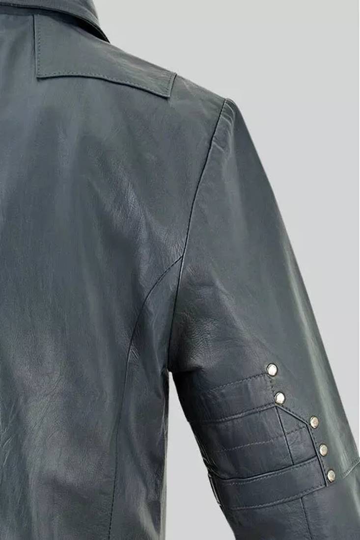 Men's charcoal grey lambskin leather coat- silver rivets studs button detailing
