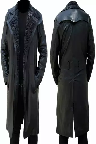 Men's black  lambskin leather coat- two large waist pockets & shearling details