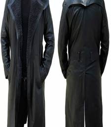 Men's black  lambskin leather coat- two large waist pockets & shearling details