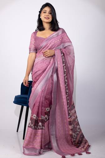 Pink floral printed cotton blend saree with unstitched blouse piece