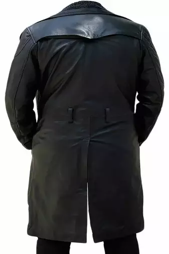 Men's black  lambskin leather coat- two large waist pockets & shearling details