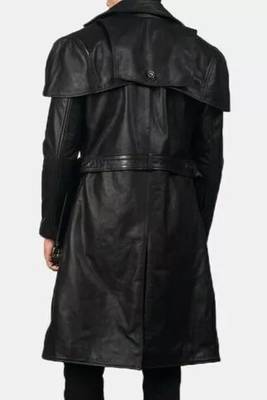 Men's black  lambskin leather coat- shoulder cape & waist belt style 1