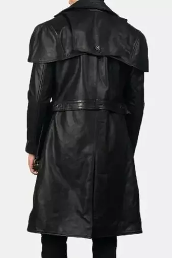 Men's black  lambskin leather coat- shoulder cape & waist belt style