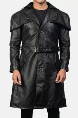 Men's black  lambskin leather coat- shoulder cape & waist belt style 2
