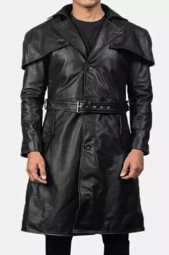 Men's black  lambskin leather coat- shoulder cape & waist belt style