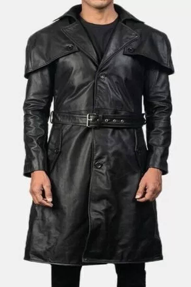Men's black  lambskin leather coat- shoulder cape & waist belt style