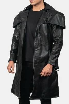 Men's black  lambskin leather coat- shoulder cape & waist belt style 3