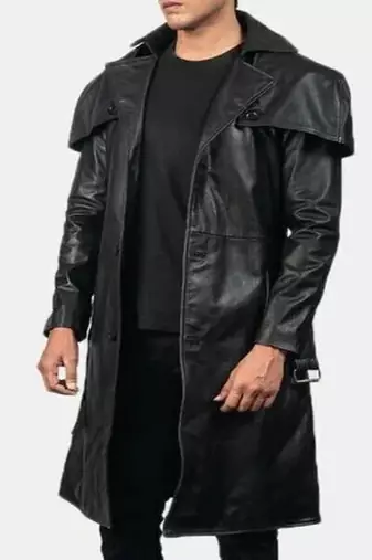 Men's black  lambskin leather coat- shoulder cape & waist belt style