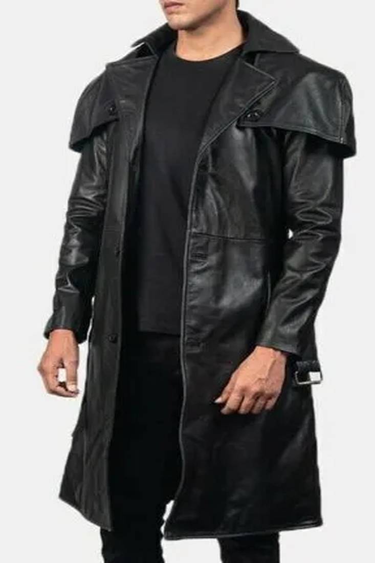 Men's black  lambskin leather coat- shoulder cape & waist belt style