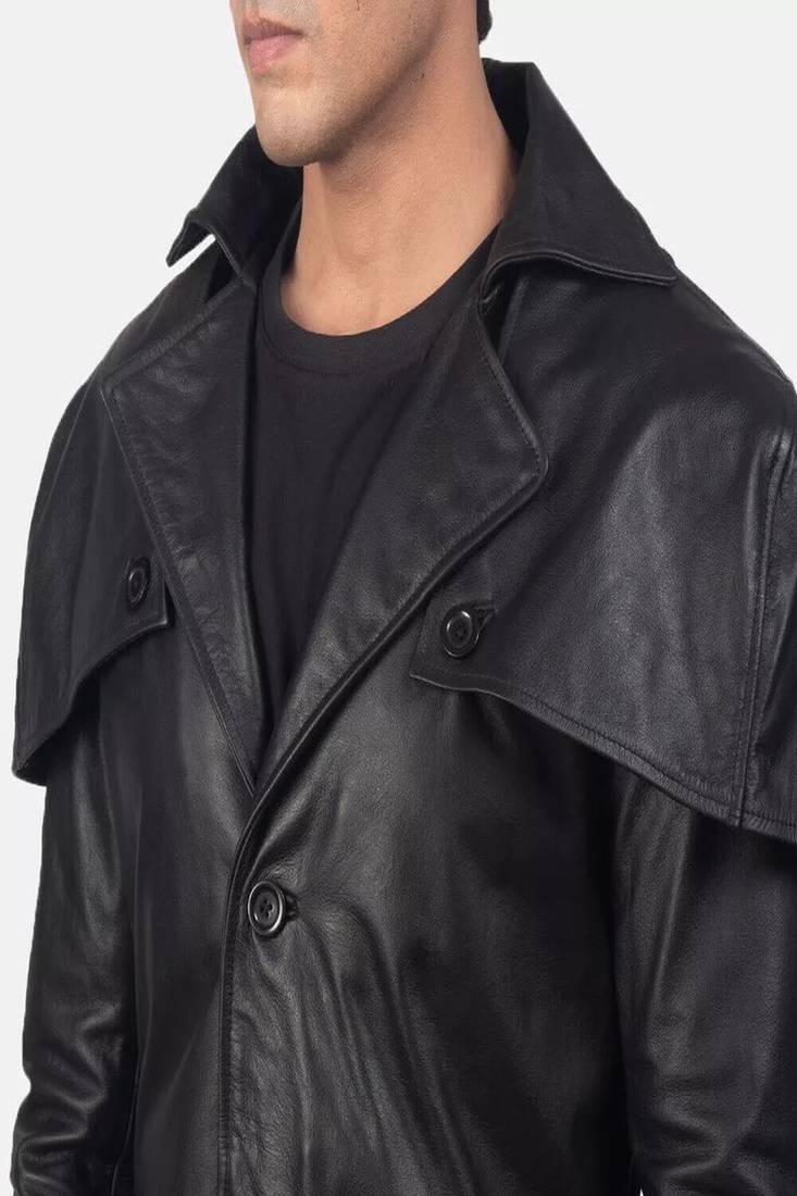 Men's black  lambskin leather coat- shoulder cape & waist belt style
