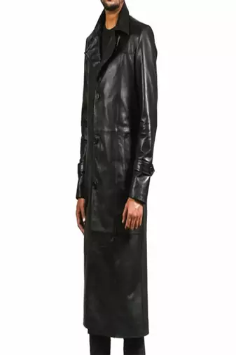Men's black  lambskin leather coat-button & lapel hand style