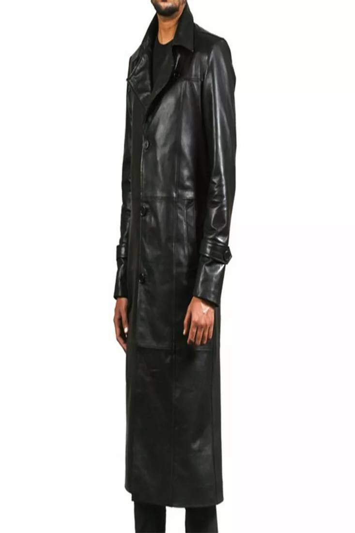Men's black  lambskin leather coat-button & lapel hand style