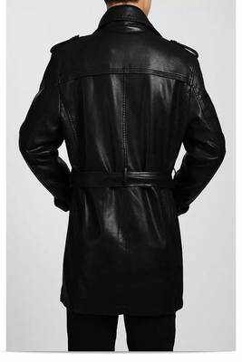 Men's black lambskin leather coat-2 envelope pocket button & lapel strap style 1