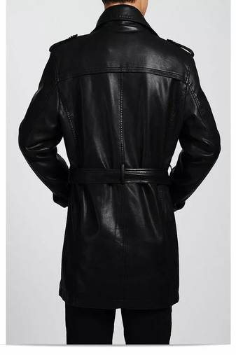 Men's black lambskin leather coat-2 envelope pocket button & lapel strap style