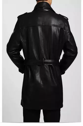 Men's black lambskin leather coat-2 envelope pocket button & lapel strap style