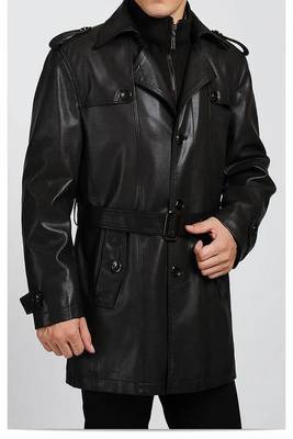 Men's black lambskin leather coat-2 envelope pocket button & lapel strap style 2