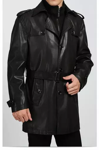 Men's black lambskin leather coat-2 envelope pocket button & lapel strap style
