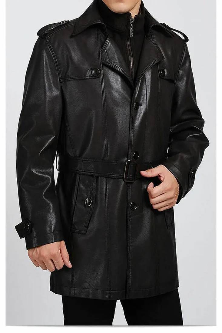 Men's black lambskin leather coat-2 envelope pocket button & lapel strap style