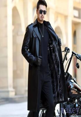 Men's black lambskin leather coat-2 envelope pocket button & lapel strap style 1