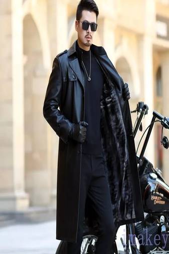 Men's black lambskin leather coat-2 envelope pocket button & lapel strap style