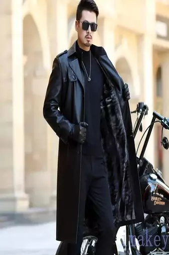 Men's black lambskin leather coat-2 envelope pocket button & lapel strap style