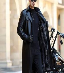 Men's black lambskin leather coat-2 envelope pocket button & lapel strap style