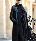 Men's black lambskin leather coat-2 envelope pocket button & lapel strap style