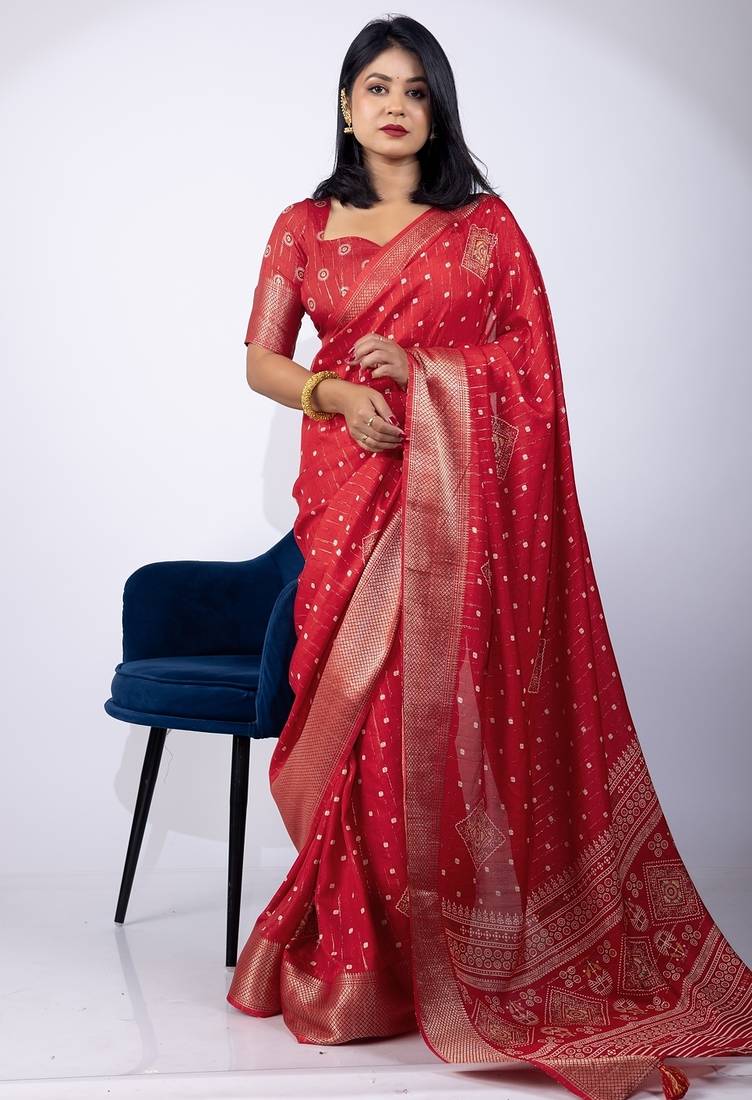 Red block print cotton silk,silk blend saree with unstitched blouse piece