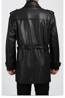 Men's black lambskin leather coat-2 envelope pocket button & lapel strap style 2