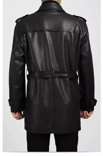 Men's black lambskin leather coat-2 envelope pocket button & lapel strap style