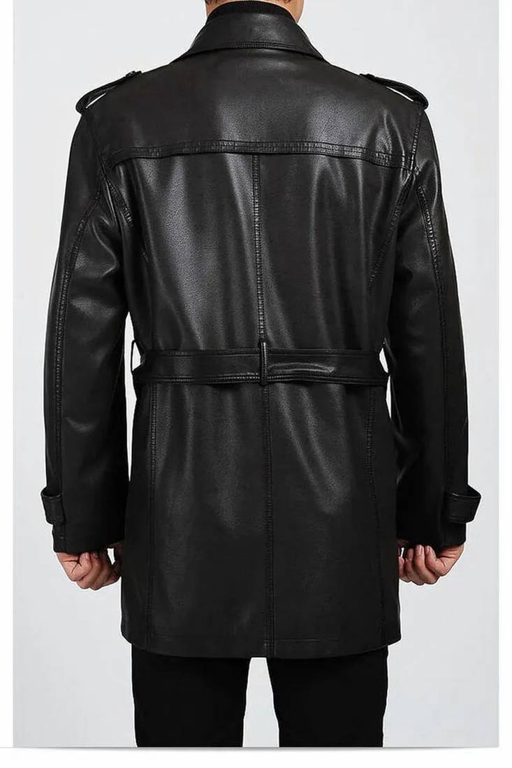 Men's black lambskin leather coat-2 envelope pocket button & lapel strap style