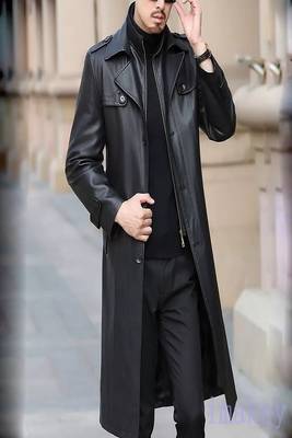 Men's black lambskin leather coat-2 envelope pocket button & lapel strap style 3