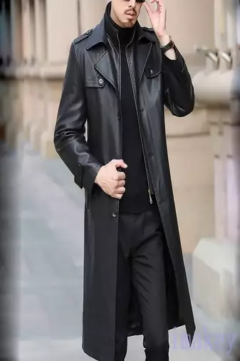 Men's black lambskin leather coat-2 envelope pocket button & lapel strap style