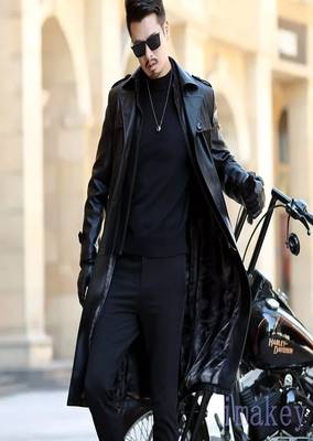 Men's black lambskin leather coat-2 envelope pocket button & lapel strap style 4