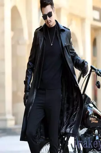 Men's black lambskin leather coat-2 envelope pocket button & lapel strap style