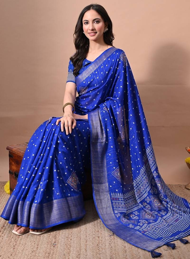 Mirchi fashion women's royal blue block print cotton silk,silk blend saree with unstitched blouse piece
