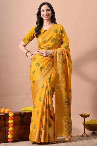 Mirchi fashion women's mustard orange block print cotton silk,silk blend saree with unstitched blouse piece