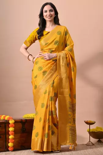 Mirchi fashion women's mustard orange block print cotton silk,silk blend saree with unstitched blouse piece