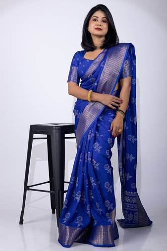 Mirchi fashion women's royal blue floral printed cotton silk,silk blend saree with unstitched blouse piece