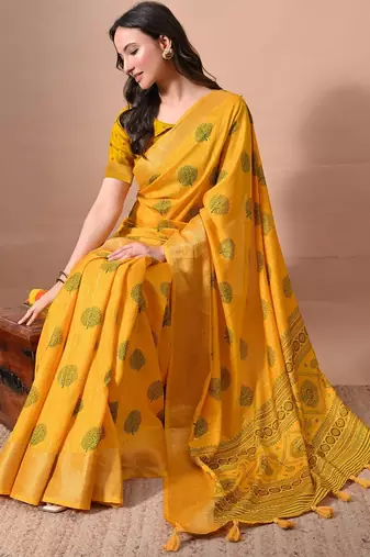 Mirchi fashion women's mustard orange block print cotton silk,silk blend saree with unstitched blouse piece