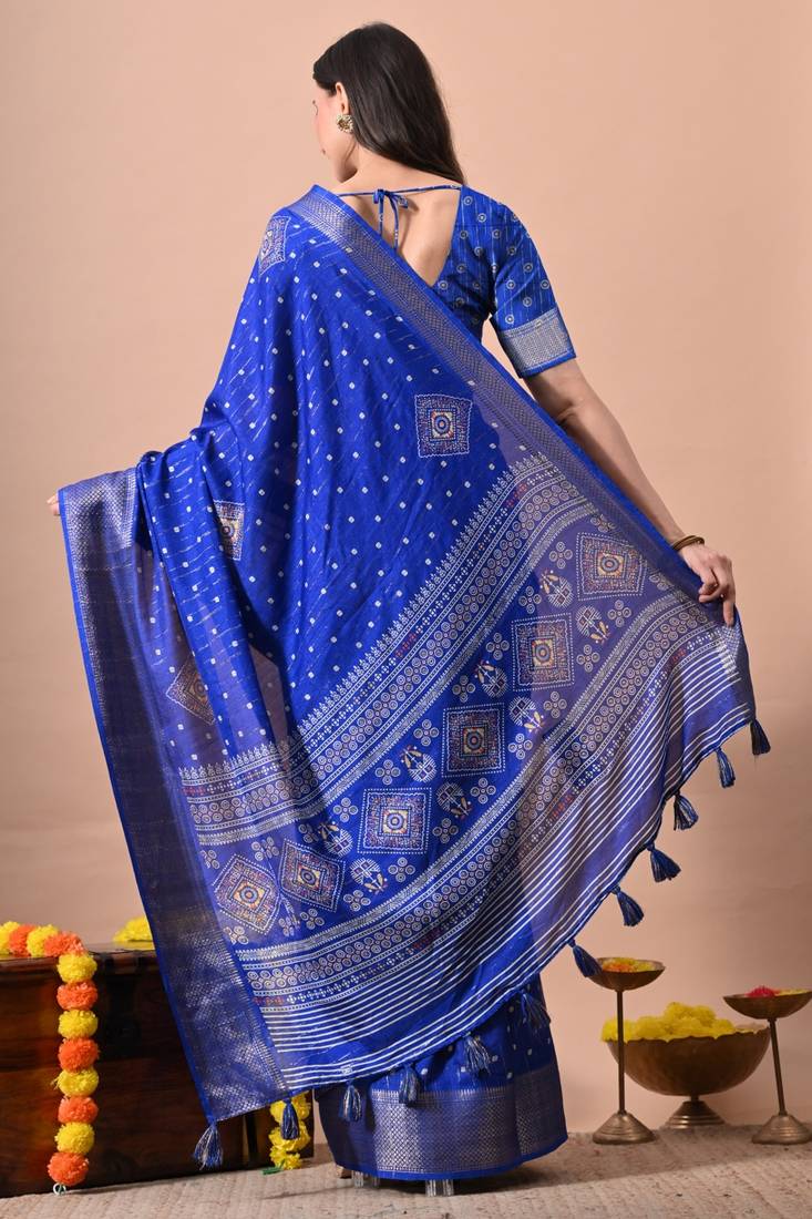 Mirchi fashion women's royal blue block print cotton silk,silk blend saree with unstitched blouse piece