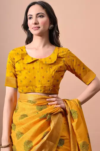 Mirchi fashion women's mustard orange block print cotton silk,silk blend saree with unstitched blouse piece
