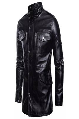 Men's black lambskin leather coat -2 envelope pocket button & zipper  style 1